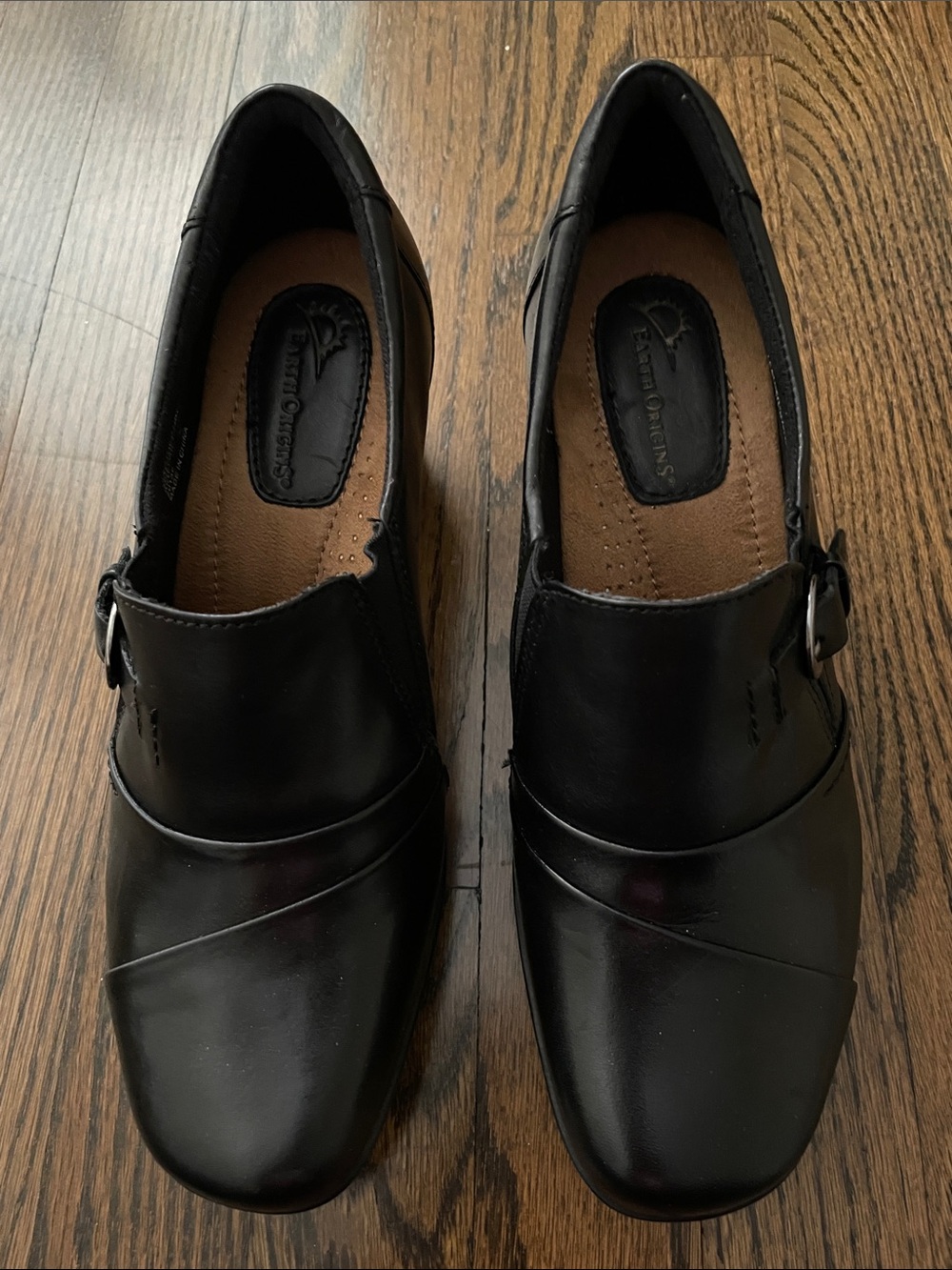 Earth Origins Women’s Black Leather Slip-On Loafers with Buckle Accent